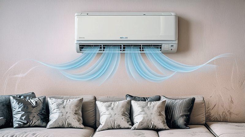 Clean mini split delivering fresh, cool air into a tidy living room after professional cleaning